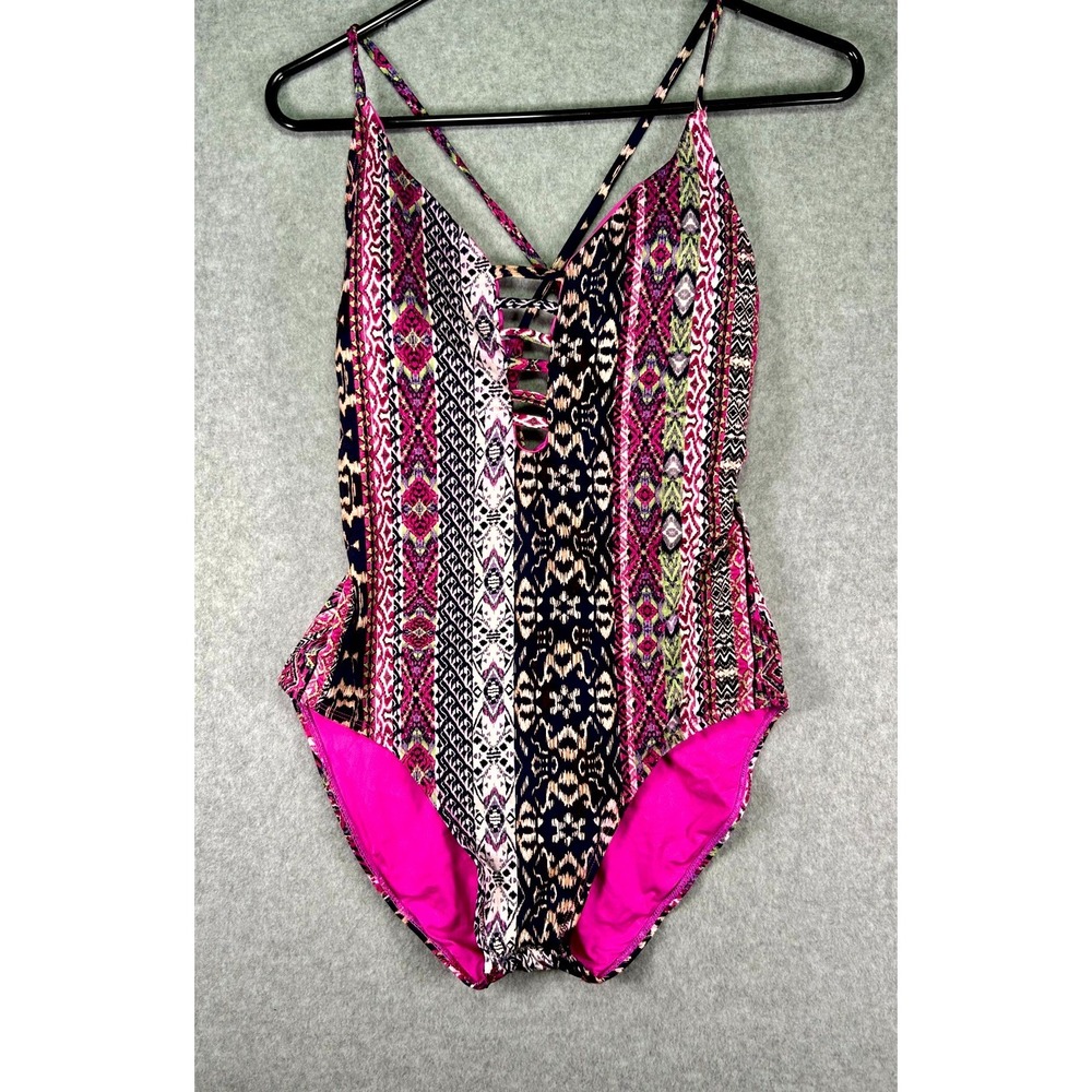 Lucky Brand One Piece Swimsuit Women's Medium Pink Aztec Print Stretch Boho Chic